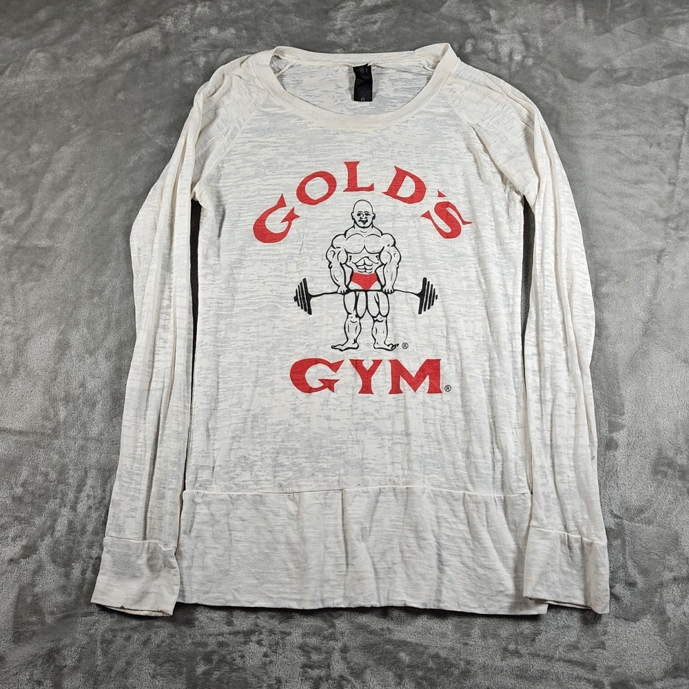 Vintage Golds Gym Shirt Womens Large White Burn Out Bodybuilding Gym Workout Y2K
